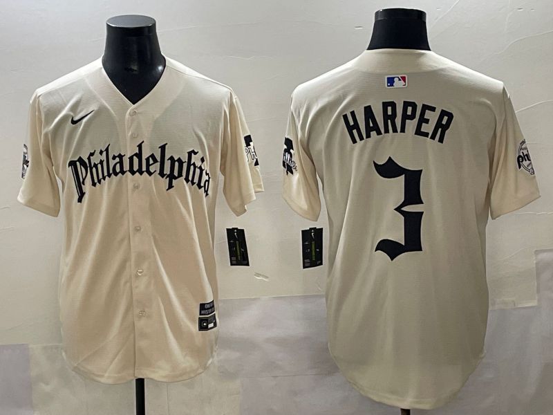 Men 2025 Philadelphia Phillies 3 Harper Cream Five generations Joint Name Nike MLB Jersey style 1